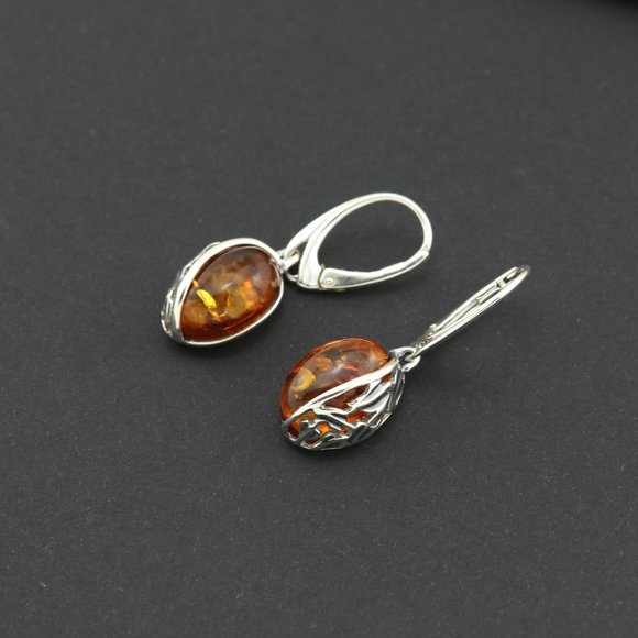 Sterling silver earrings with natural Baltic amber, amber drop earrings, dangle - Picture 7 of 14